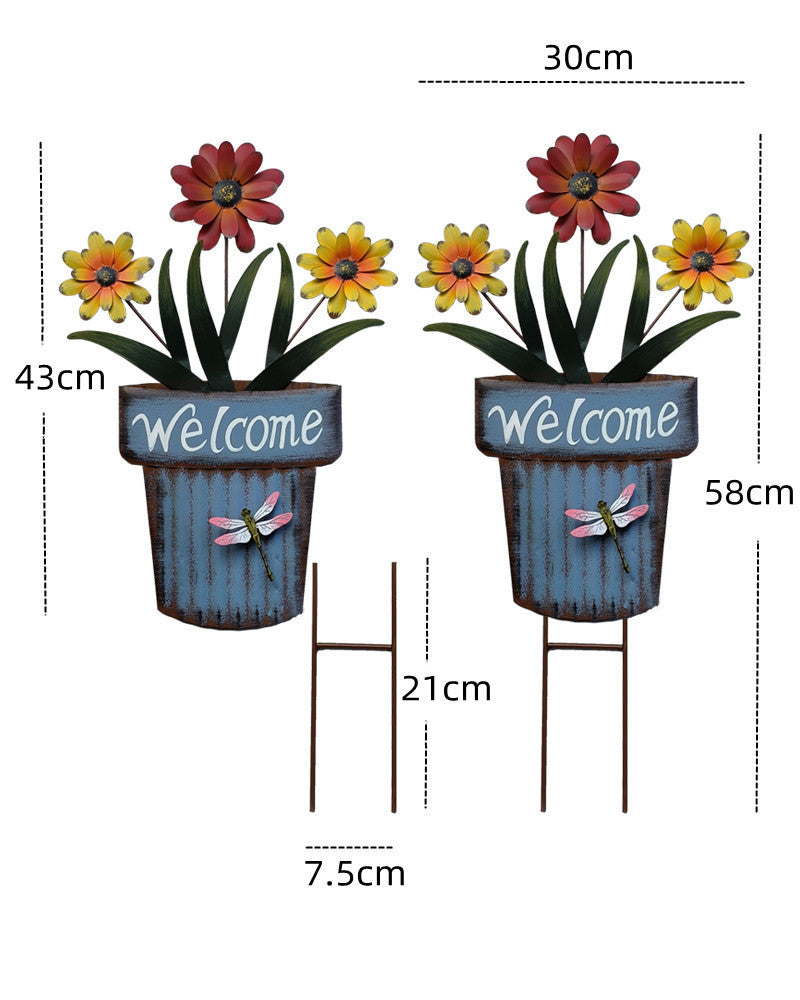 🔥Summer Hot Sale🌻Welcome Flower Pot Metal Garden Decor, Hangable & Stakeable Yard Art