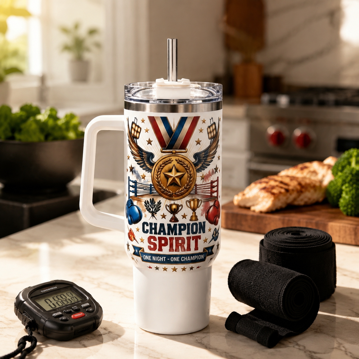 🥊 "Fight Night / Champion Spirit" Boxing Tumbler-40oz Heavyweight Spirit with Handle & Straw
