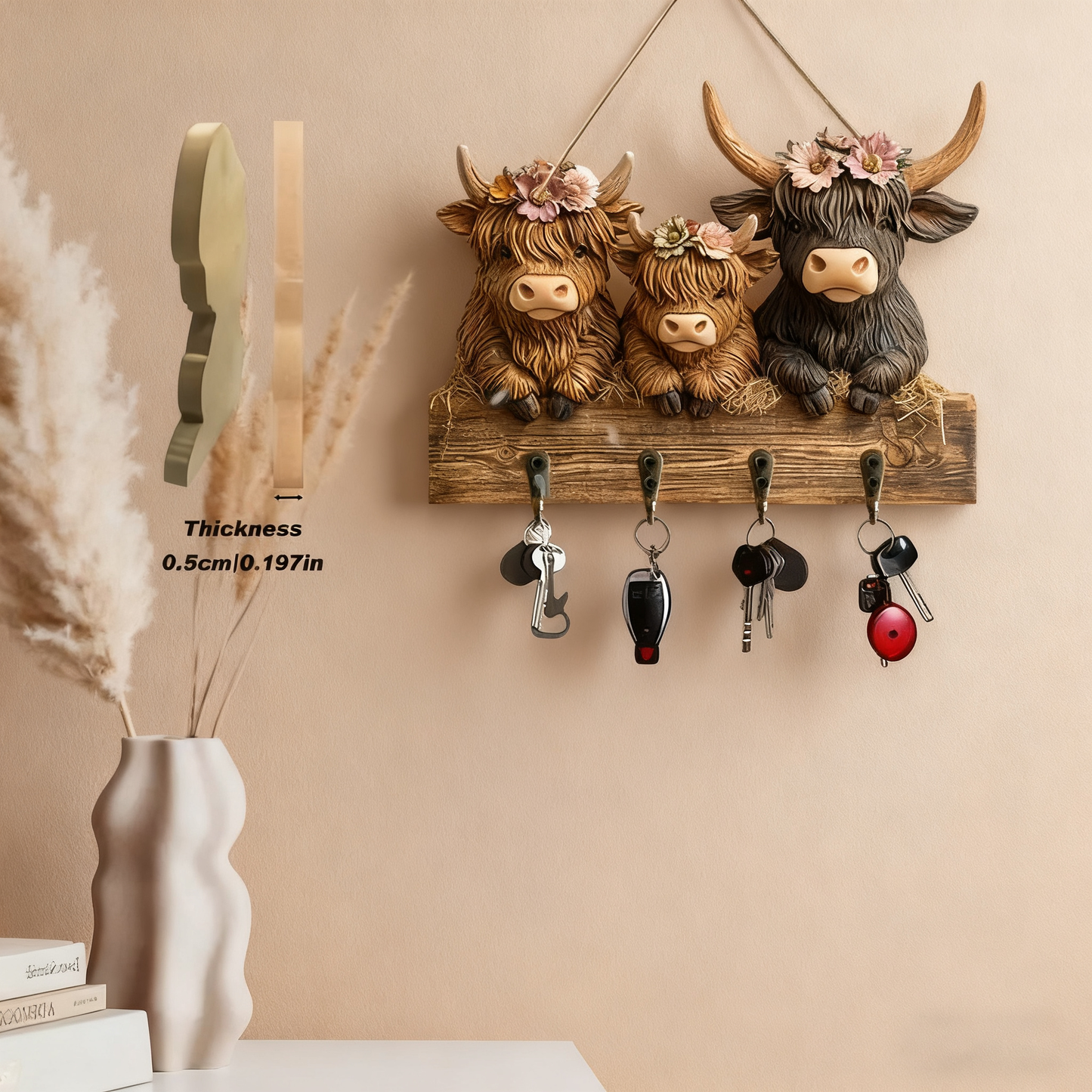 ๐ฎ ๐ฎ2D-Rustic Highland Cow Wooden Family Key Holder Hanging Ornament with 4 Hooks