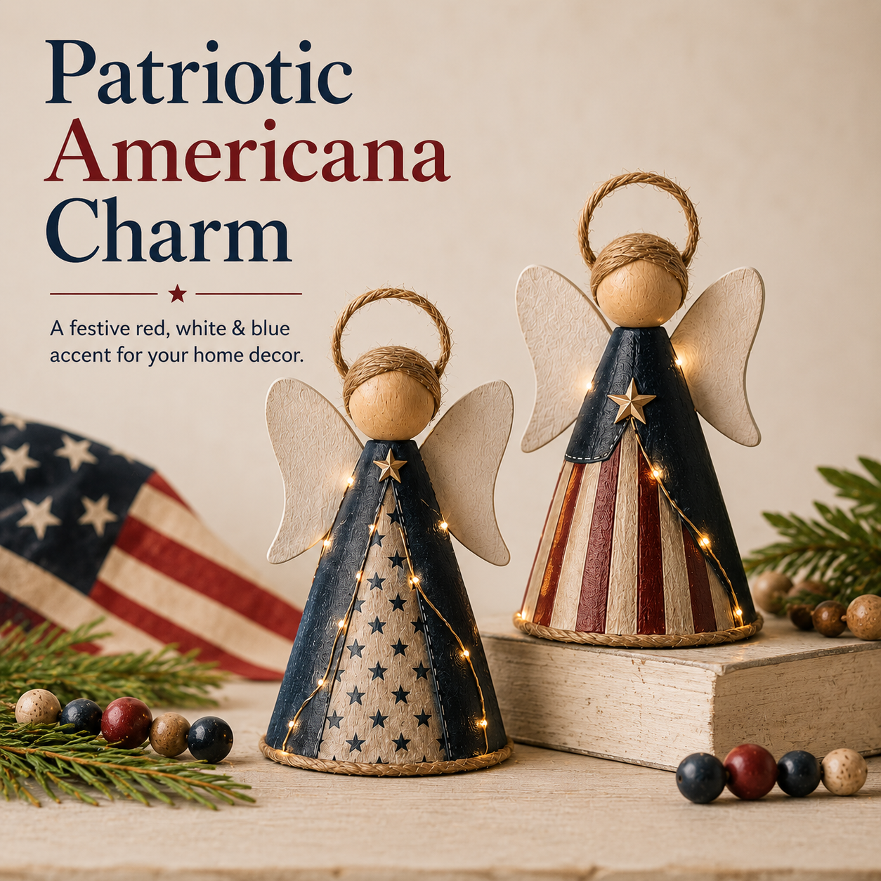 ๐๐Rustic Red, White & Blue Angel Ornament with Warm LED Lights -3Pcs