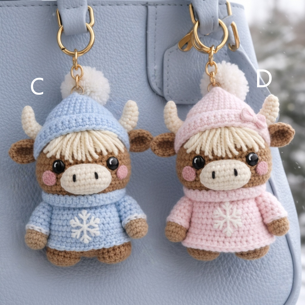 Handmade Highland Cow Couple Keychains - Romantic Crochet Bag Charm