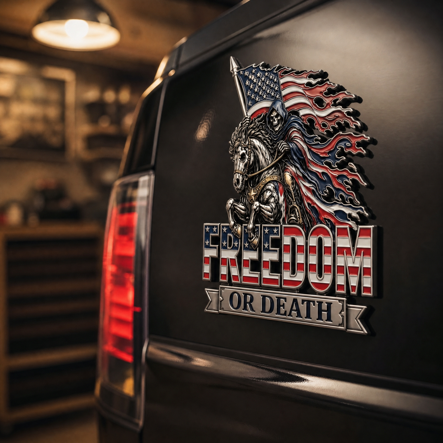 Freedom or Death Metal USA Flag Skeleton Rider Car Emblem