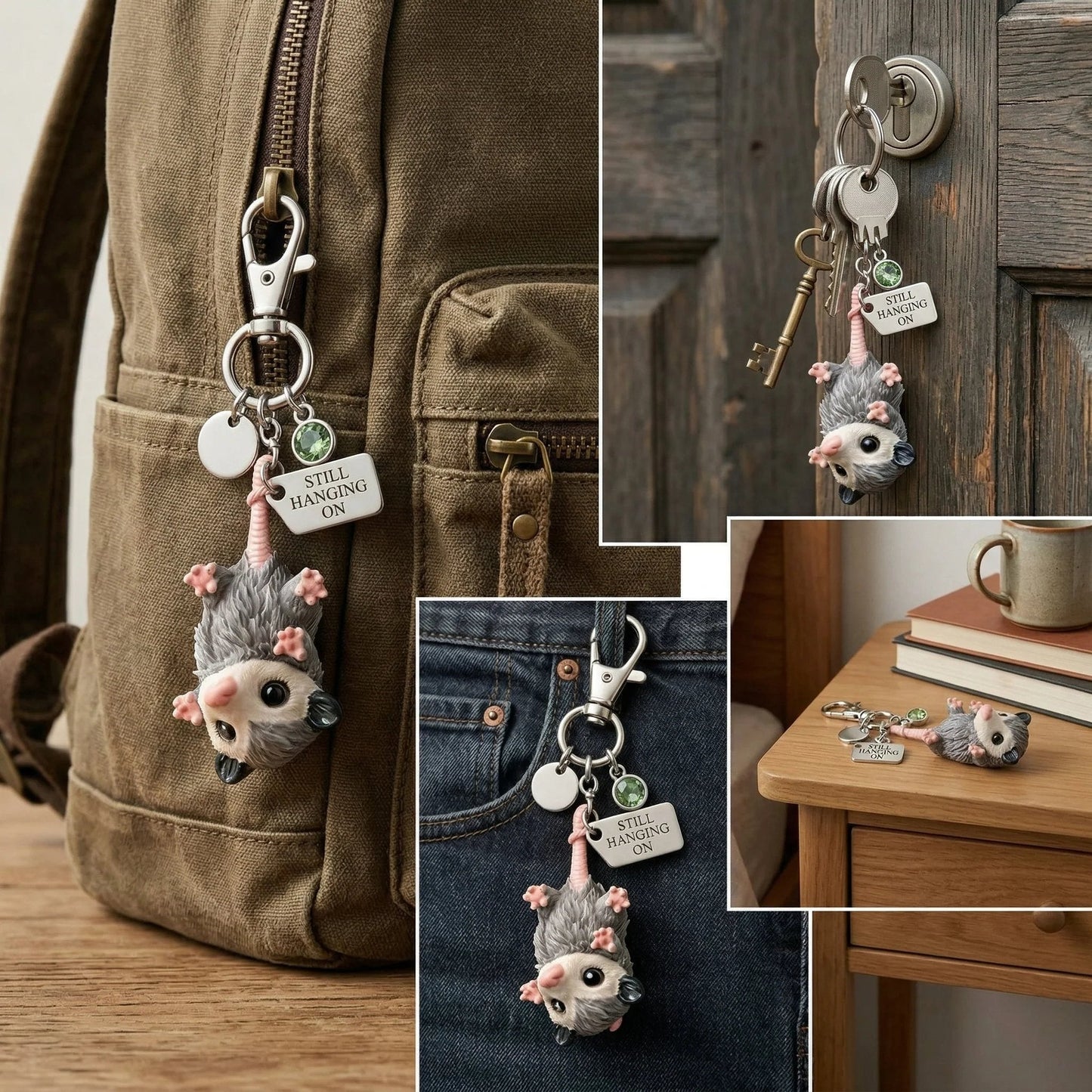 🐁🐁A Little Opossum for You - --2D Style "Still Hanging On" Keychain & Sentiment Card Set