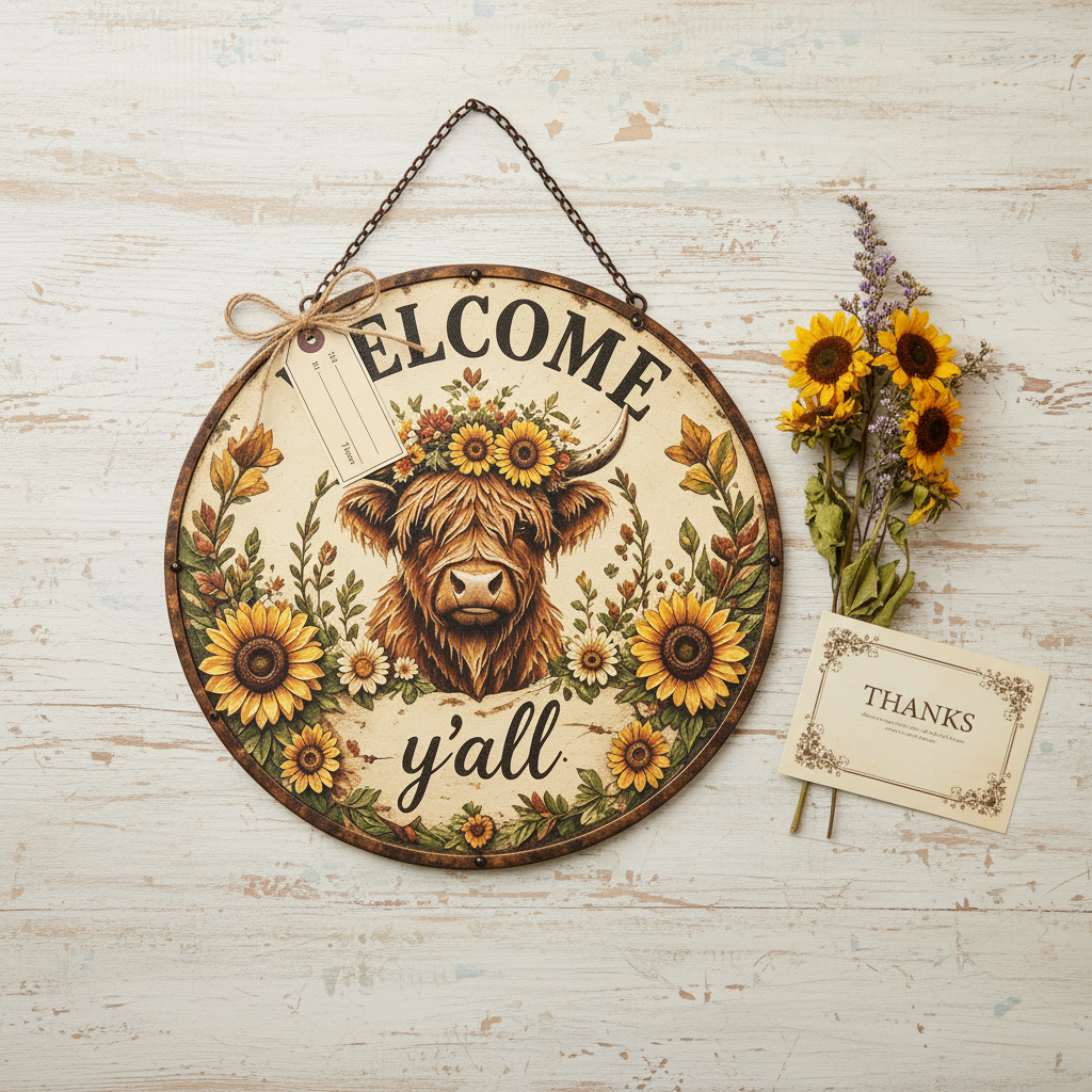 🌻🐂 Highland Cow Sunflower Welcome Sign
