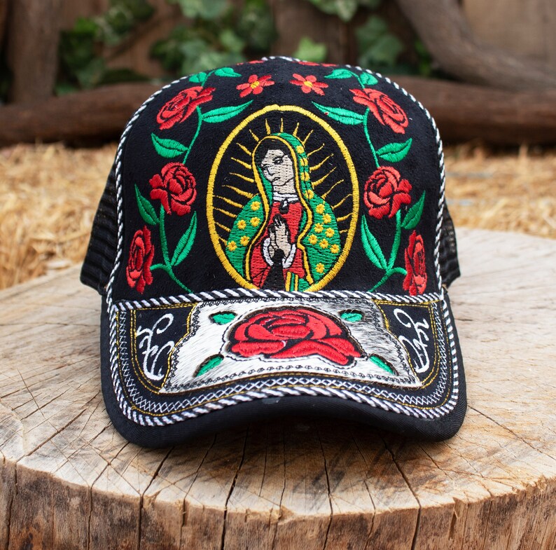 Our Lady of Guadalupe Embroidered Trucker Hat – Mexican Floral Art Snapback