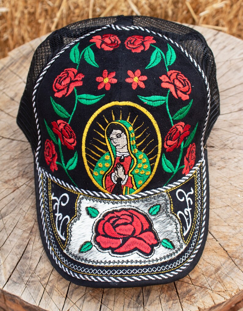 Our Lady of Guadalupe Embroidered Trucker Hat – Mexican Floral Art Snapback