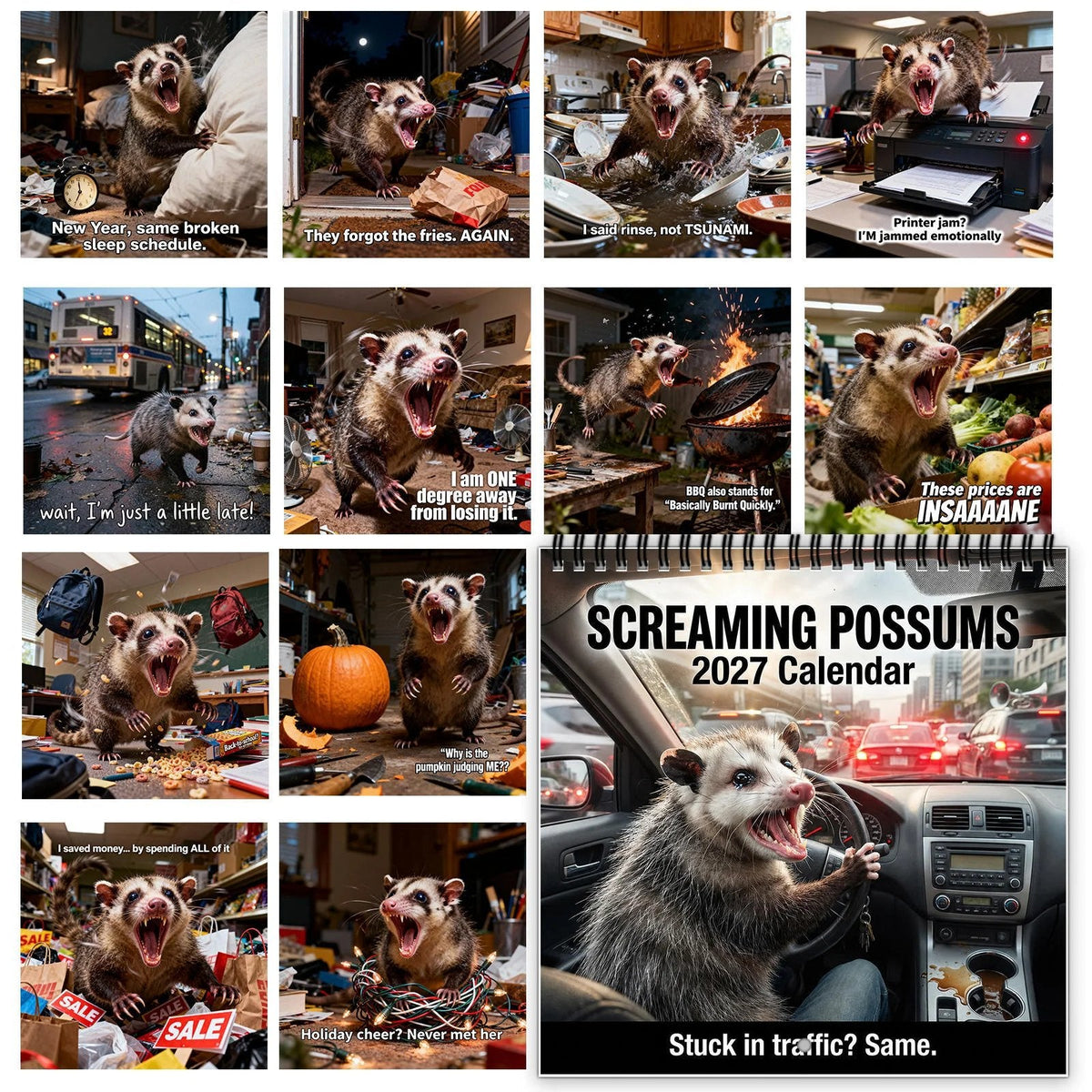 Screaming Possums 2027 Wall Calendar – 12-Month Funny Relatable Calendar, Chaotic Life Humor Hanging Planner for Office, Home & Gag Gift