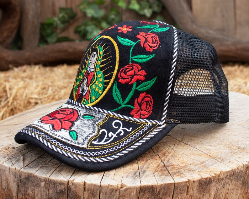 Our Lady of Guadalupe Embroidered Trucker Hat – Mexican Floral Art Snapback