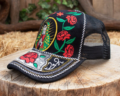 Our Lady of Guadalupe Embroidered Trucker Hat – Mexican Floral Art Snapback