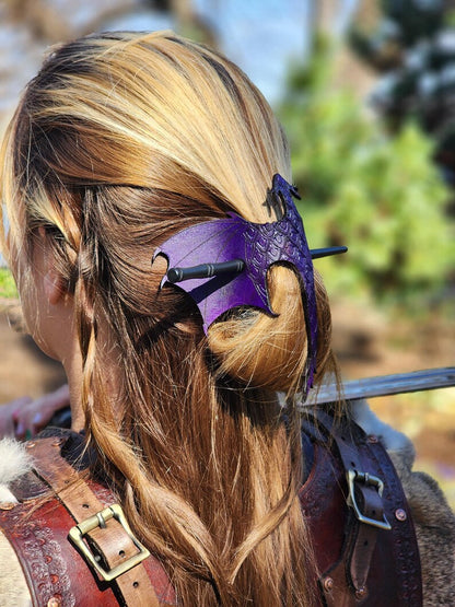 🐉 Leather Tooled Dragon Hair Slide with Wood Stick