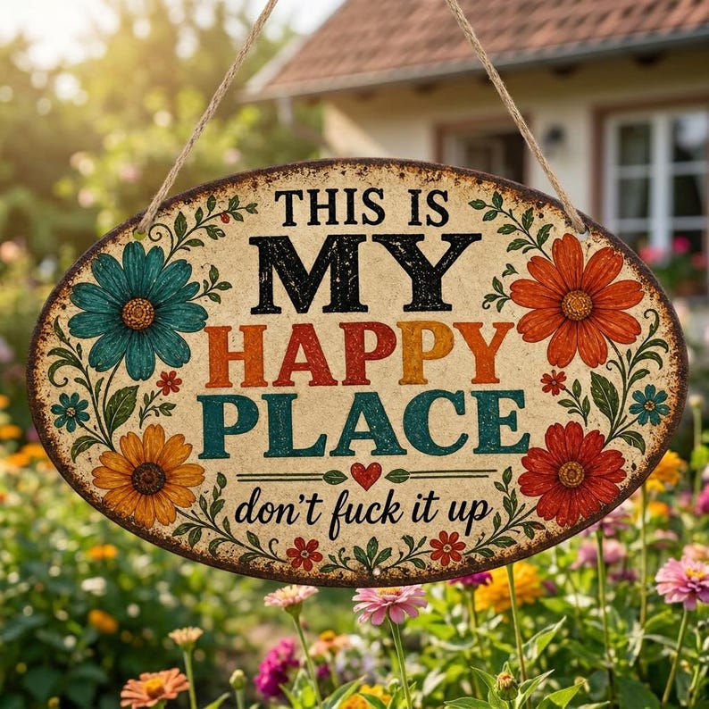 🌼"My Happy Place" Metal Sign – Warm, Witty & Unapologetically Blunt
