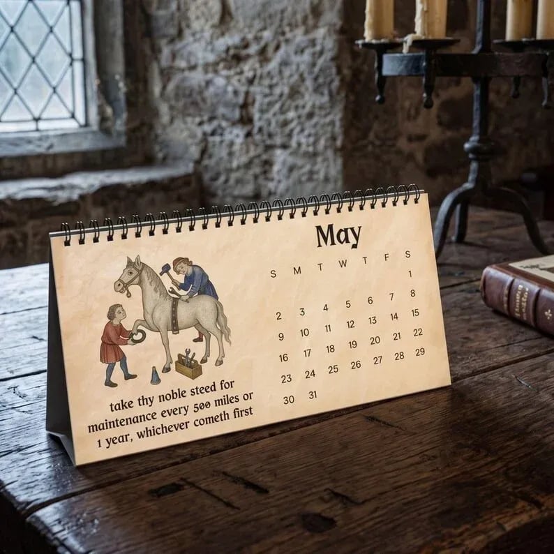 🗓️ Medieval Wisdom 2027 Desk Calendar | Medieval-Inspired Art, Modern Humor & Easy-Flip Spiral Binding 🏰