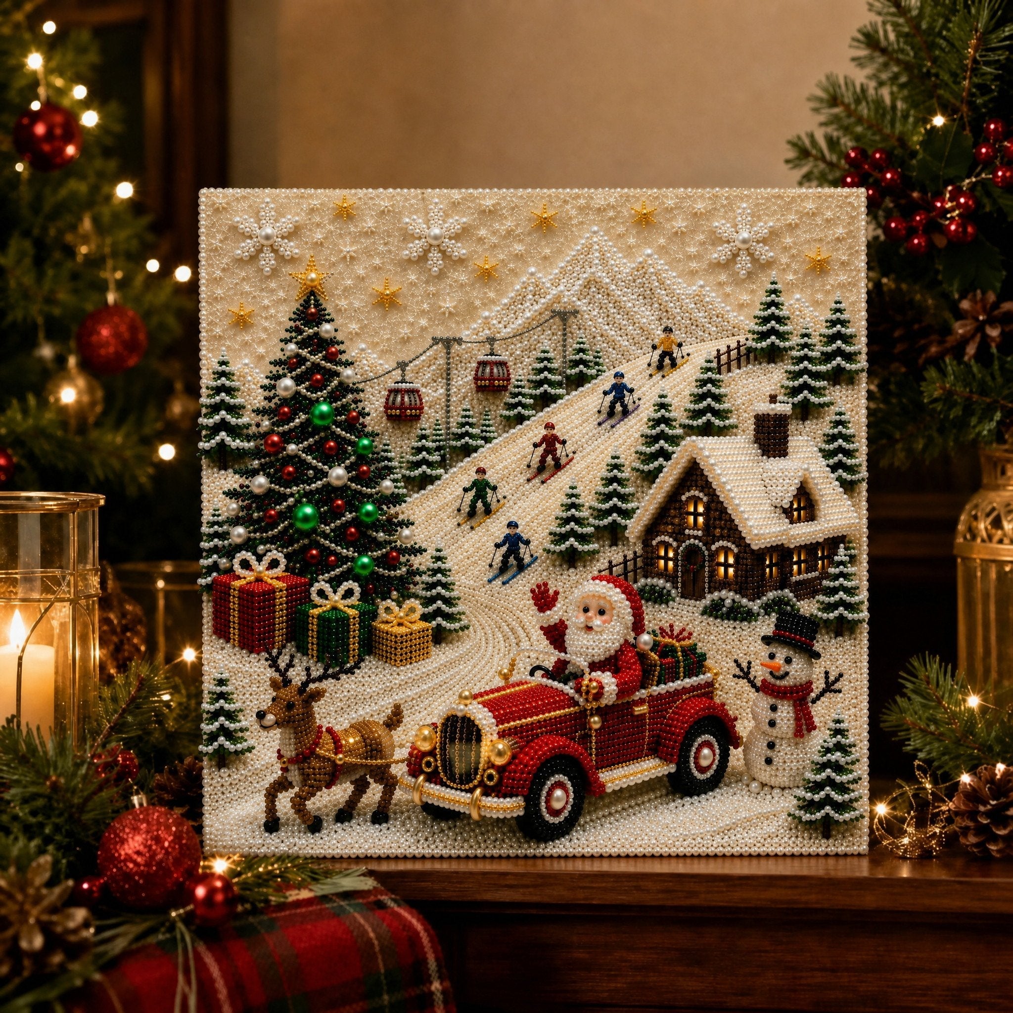 🎄🎄🎅 Premium 3D Pearl Christmas Wall Art Kit | Luxury Flocked Canvas with Scratch-Resistant Non-Fading Pearl Beads DIY Holiday Decor ⛄️❄️