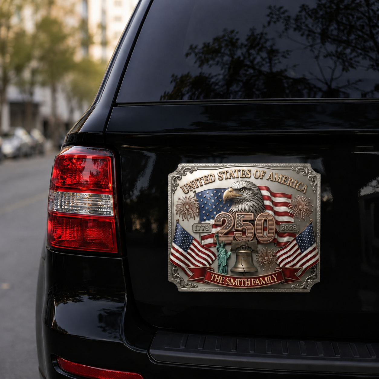 Personalized USA 250th Anniversary Family Magnetic Car Decal – 1776-2026 Patriotic Metal Emblem