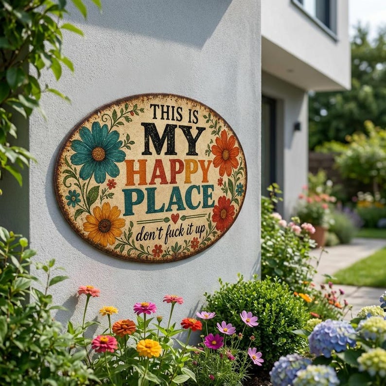 🌼"My Happy Place" Metal Sign – Warm, Witty & Unapologetically Blunt