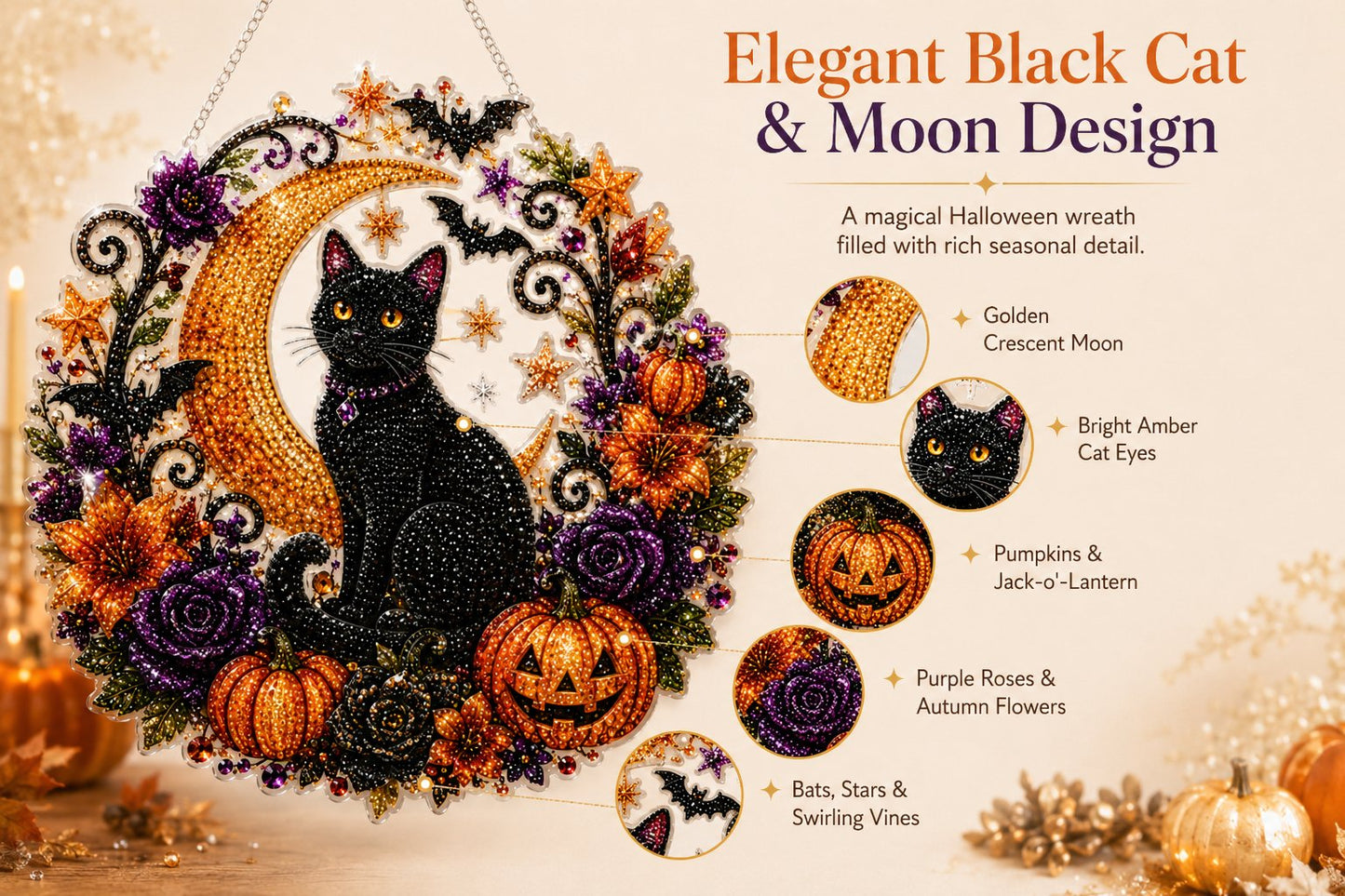 🎃🎃Black Cat Moon Diamond Art Hanging Ornament Kit – Relaxing DIY Halloween Craft 🎃💎 (📦Buy 2 Free Shipping)