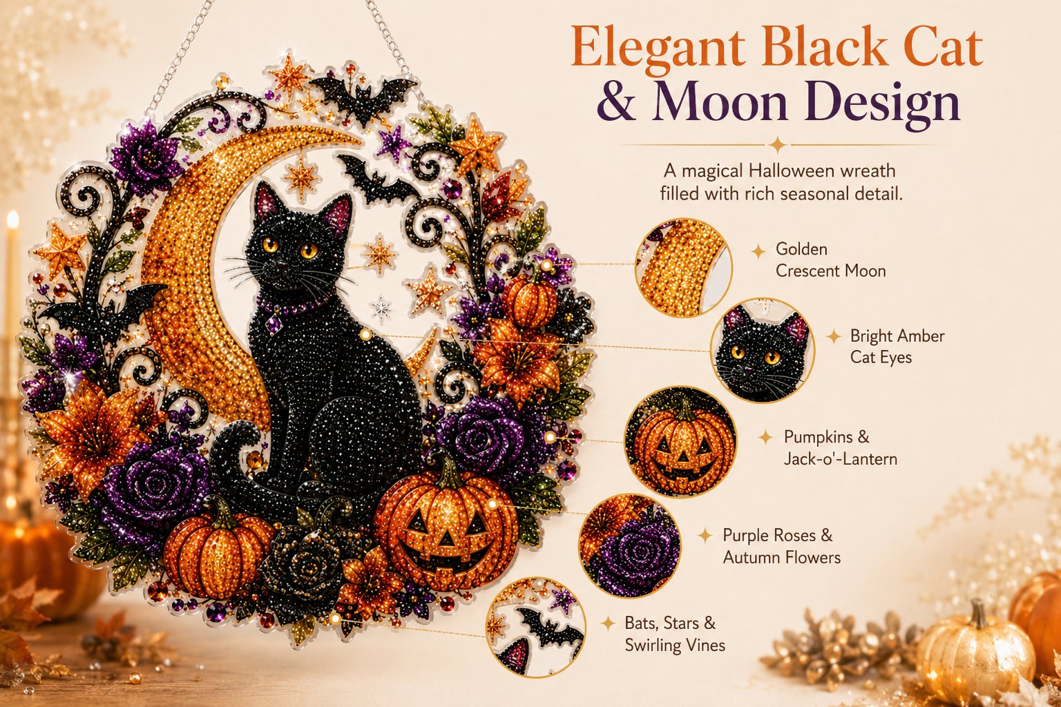 🎃🎃Black Cat Moon Diamond Art Hanging Ornament Kit – Relaxing DIY Halloween Craft 🎃💎 (📦Buy 2 Free Shipping)