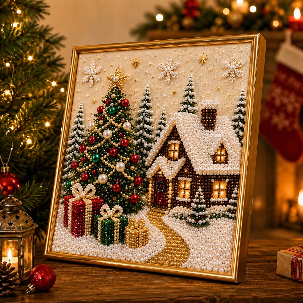🎄🎄🎅 Premium 3D Pearl Christmas Wall Art Kit | Luxury Flocked Canvas with Scratch-Resistant Non-Fading Pearl Beads DIY Holiday Decor ⛄️❄️