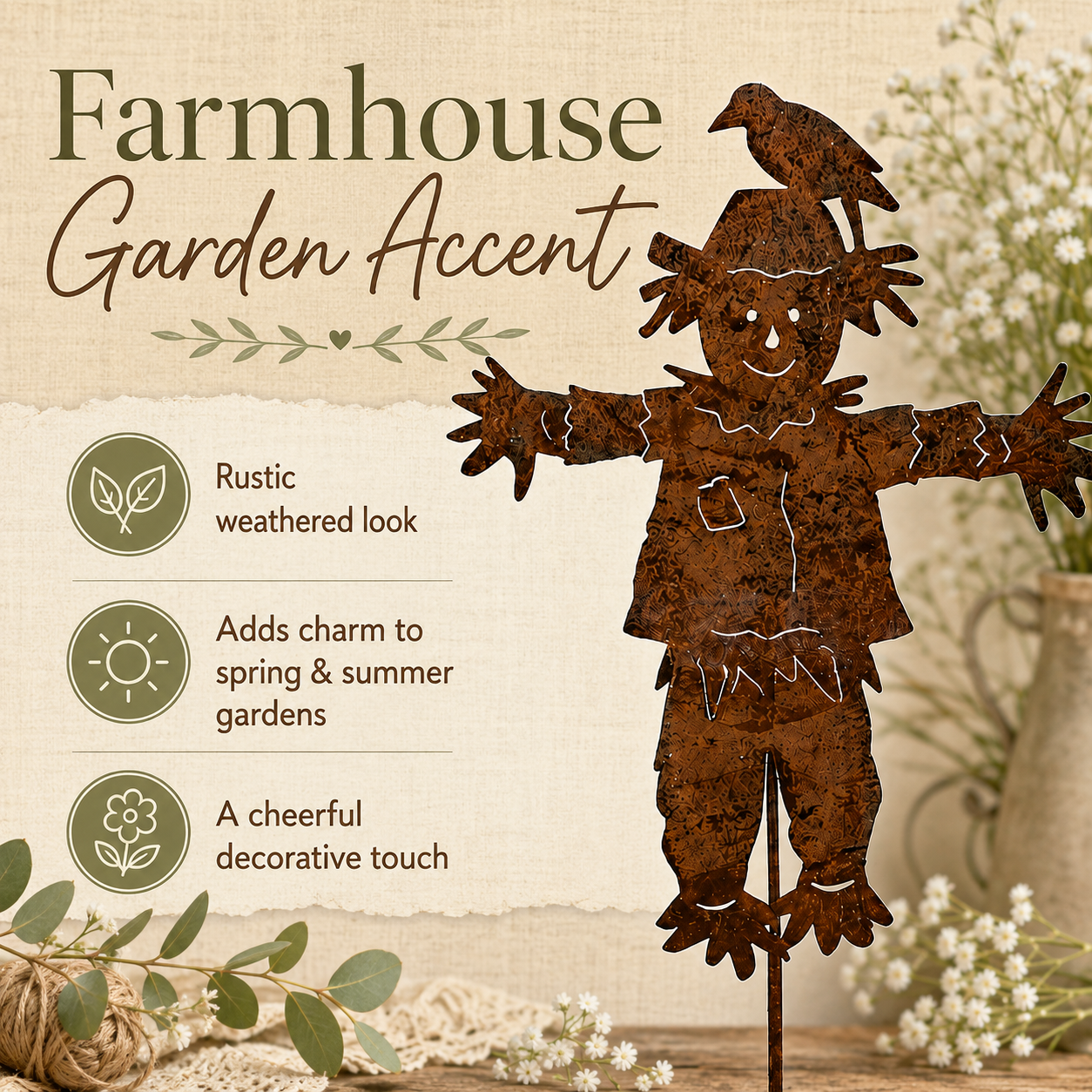 🐦23'' Rustic Metal Scarecrow Garden Stake with Crow