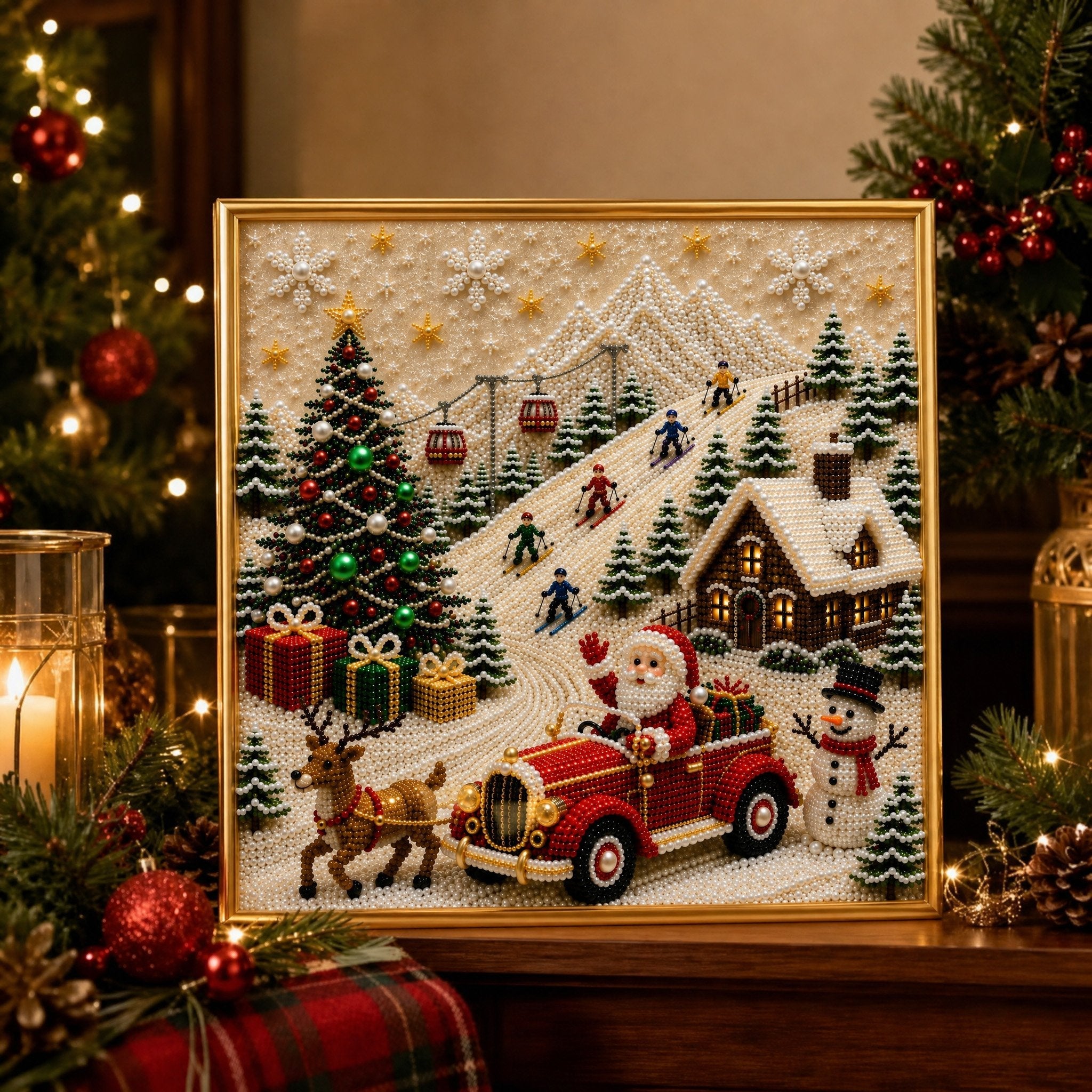 🎄🎄🎅 Premium 3D Pearl Christmas Wall Art Kit | Luxury Flocked Canvas with Scratch-Resistant Non-Fading Pearl Beads DIY Holiday Decor ⛄️❄️
