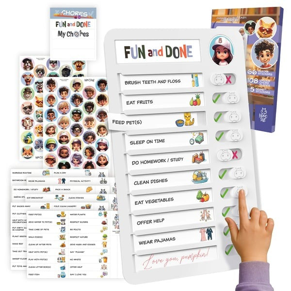 Kids Daily Routine & Chore Chart – Visual Sliding Checklist with 108 Task Cards & Stickers