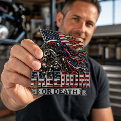 Freedom or Death Metal USA Flag Skeleton Rider Car Emblem