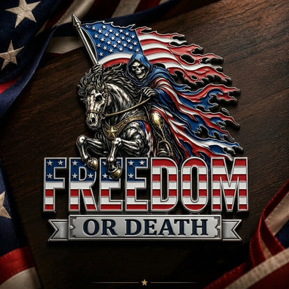 Freedom or Death Metal USA Flag Skeleton Rider Car Emblem