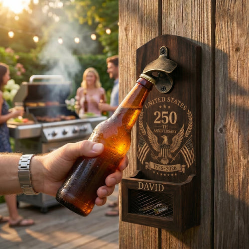 USA 250th Anniversary Personalized Wooden Bottle Opener with Cap Catcher