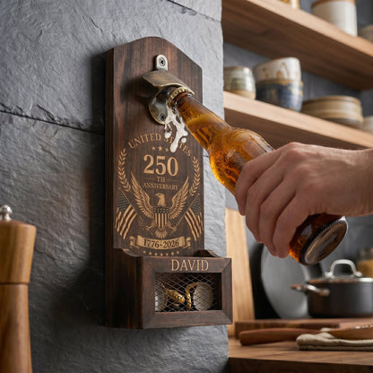 USA 250th Anniversary Personalized Wooden Bottle Opener with Cap Catcher