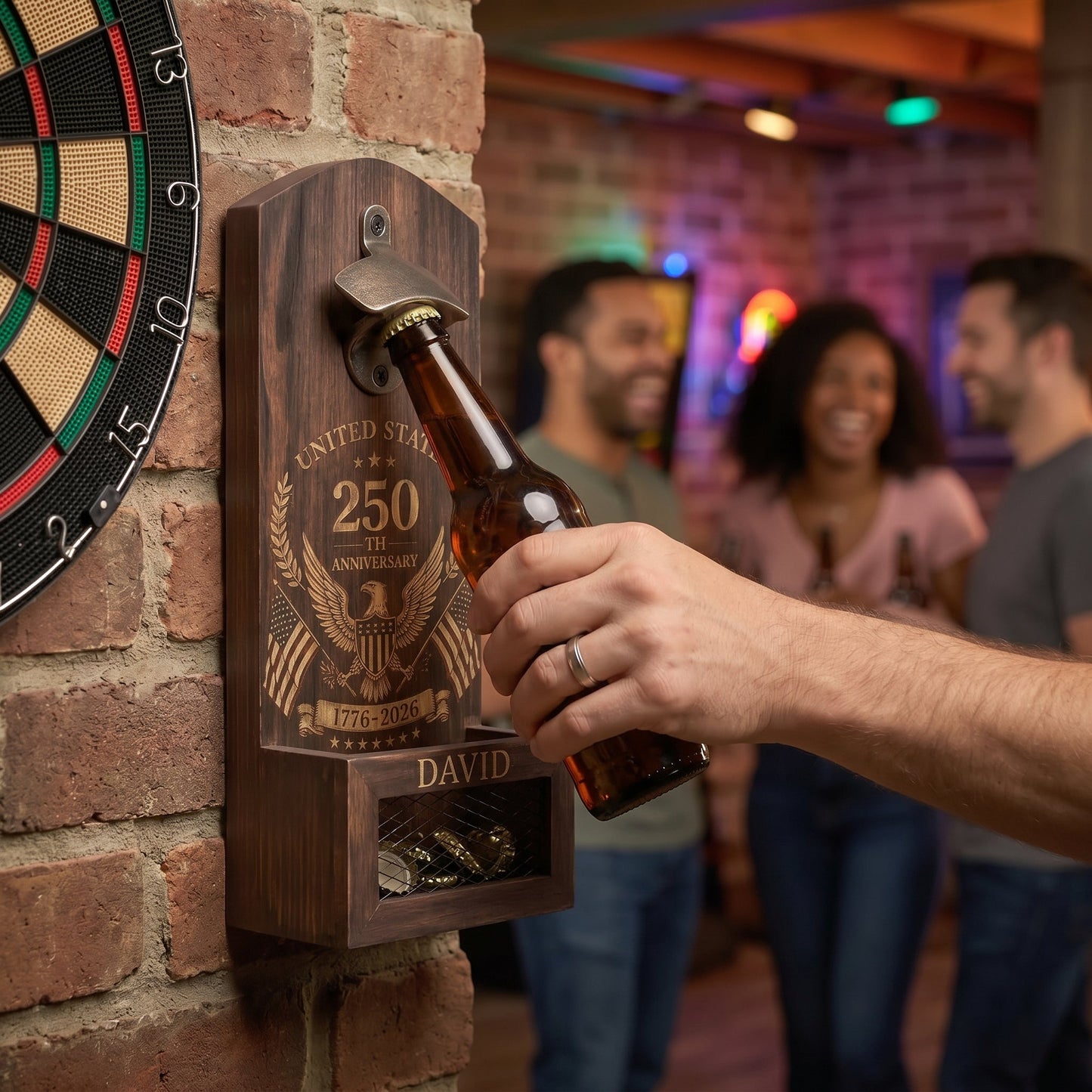 USA 250th Anniversary Personalized Wooden Bottle Opener with Cap Catcher