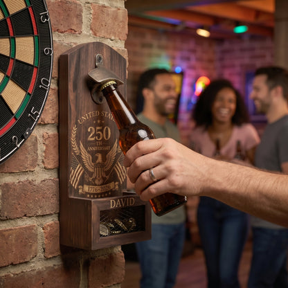 USA 250th Anniversary Personalized Wooden Bottle Opener with Cap Catcher
