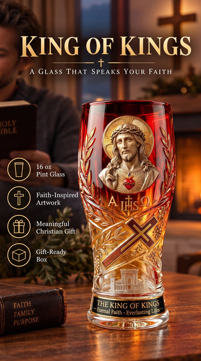 ❤️‍🔥❤️‍🔥Jesus Christ King of Kings Pint Glass – 16 oz Christian Faith Drinkware & Inspirational Gift
