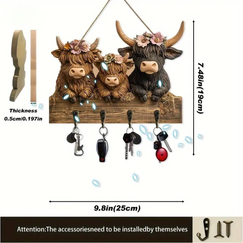 🐮2D- Rustic Highland Cow Wooden Family Key Holder Hanging Ornament with 4 Hooks