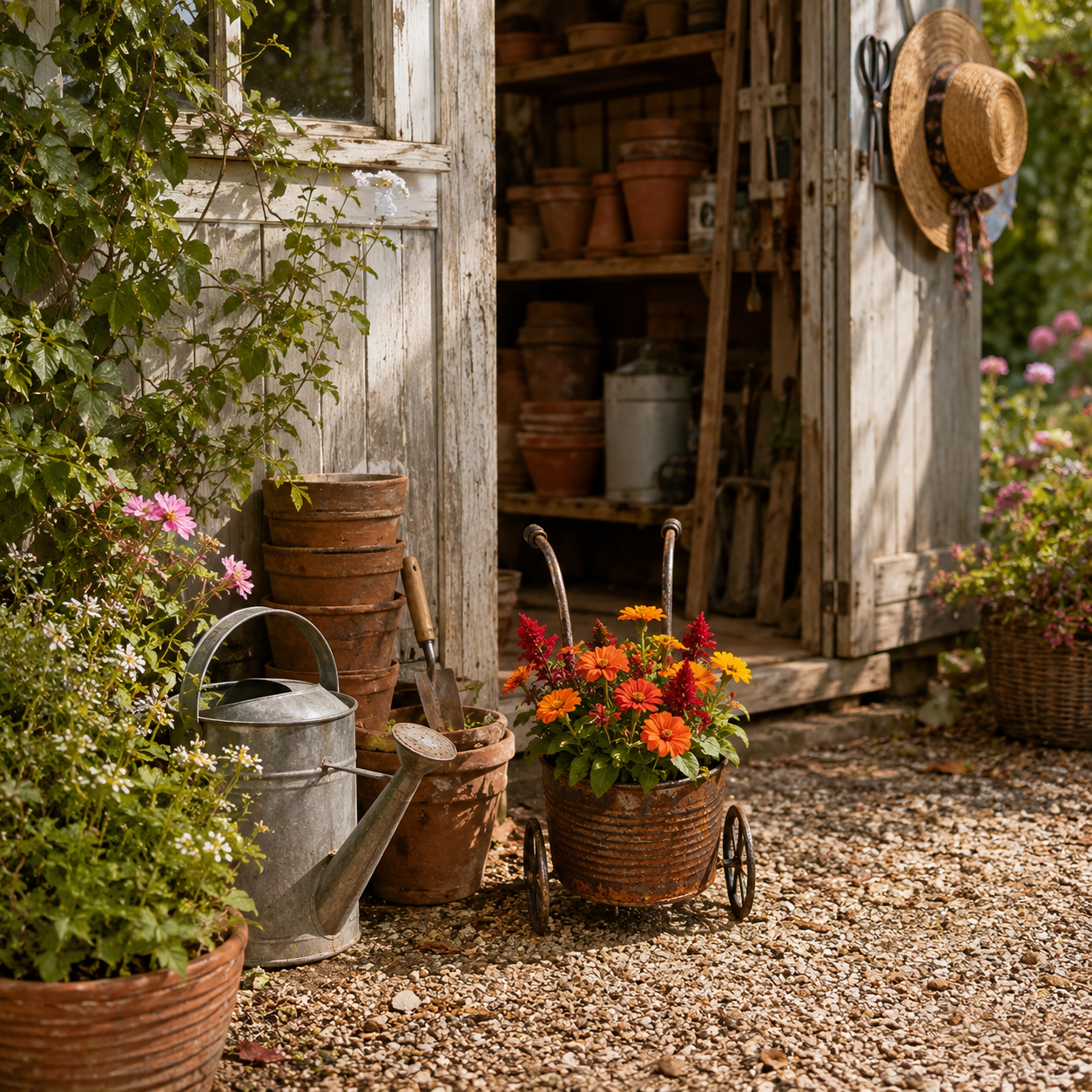 🌸Rustic Metal Wheelbarrow Planter, Vintage Garden Cart Flower Pot