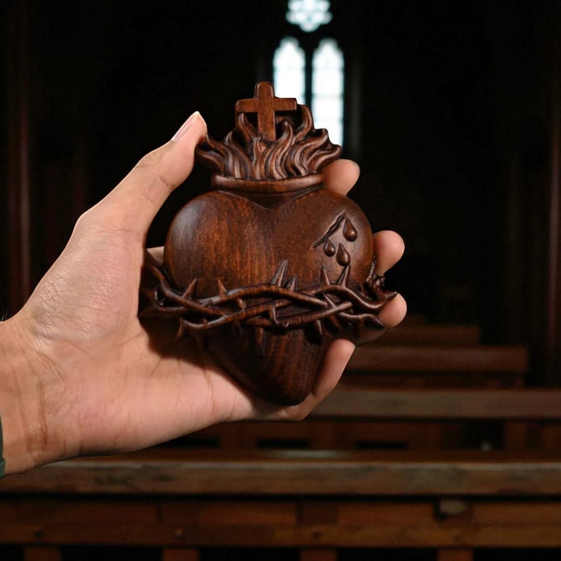 ❤️ Hand-Carved Sacred Heart of Jesus: Beech Wood Christian Wall Art