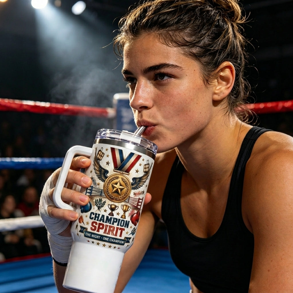 🥊 "Fight Night / Champion Spirit" Boxing Tumbler-40oz Heavyweight Spirit with Handle & Straw
