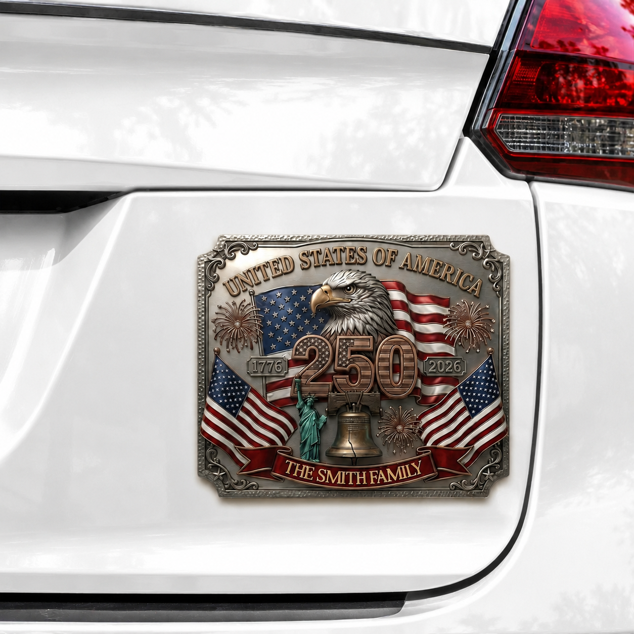 Personalized USA 250th Anniversary Family Magnetic Car Decal – 1776-2026 Patriotic Metal Emblem