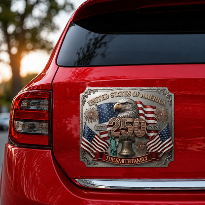 Personalized USA 250th Anniversary Family Magnetic Car Decal – 1776-2026 Patriotic Metal Emblem