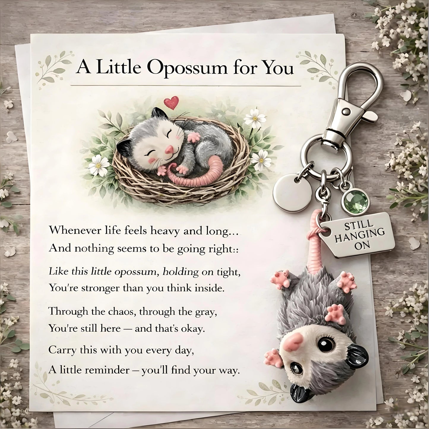 🐁🐁A Little Opossum for You - --2D Style "Still Hanging On" Keychain & Sentiment Card Set