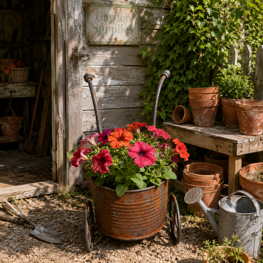 🌸🌸Rustic Metal Wheelbarrow Planter, Vintage Garden Cart Flower Pot