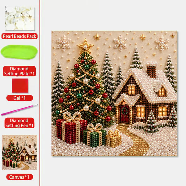 🎄🎅 Premium 3D Pearl Christmas Wall Art Kit | Luxury Flocked Canvas with Scratch-Resistant Non-Fading Pearl Beads DIY Holiday Decor ⛄️❄️