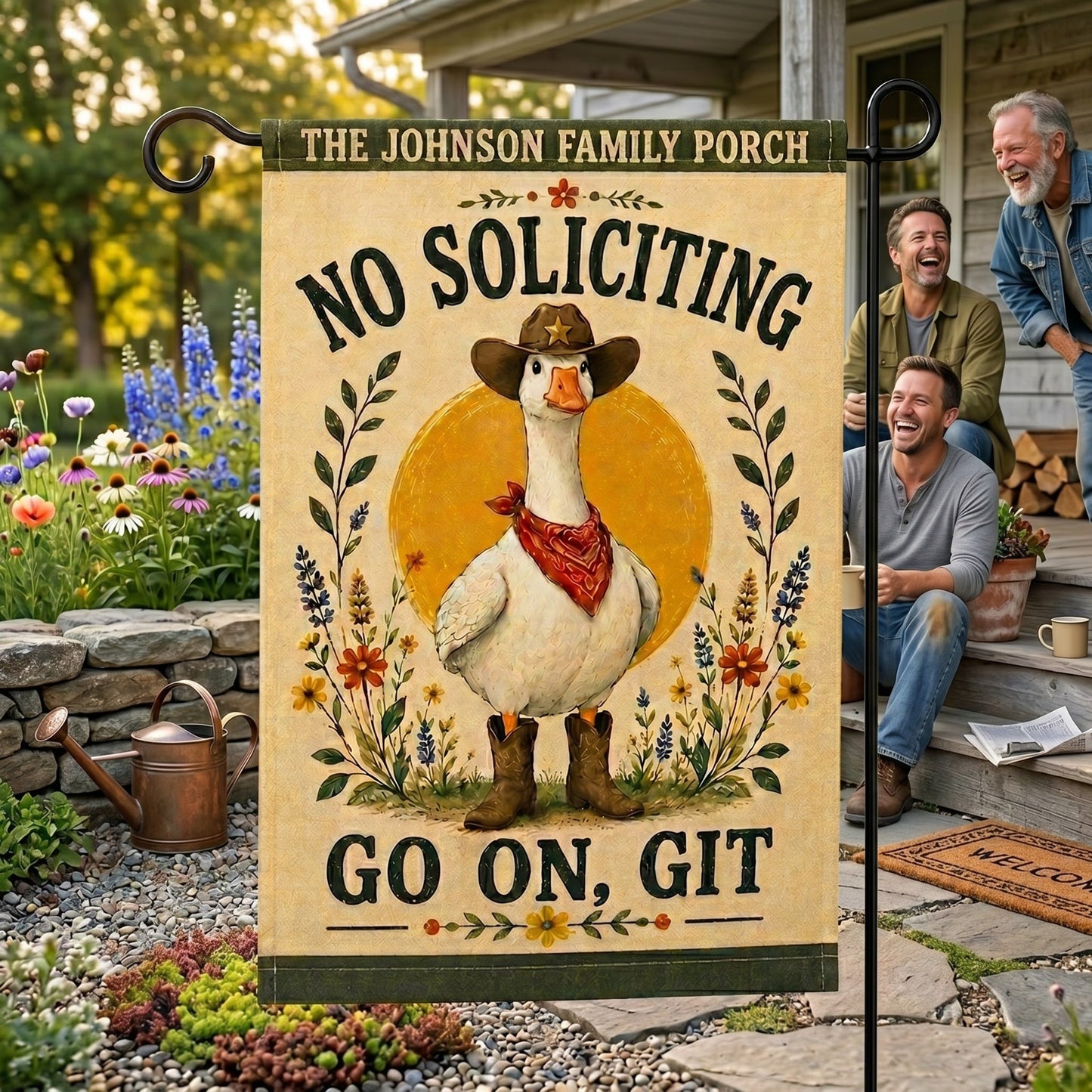Personalized "Go On, Git" Cowboy Goose Garden Flag