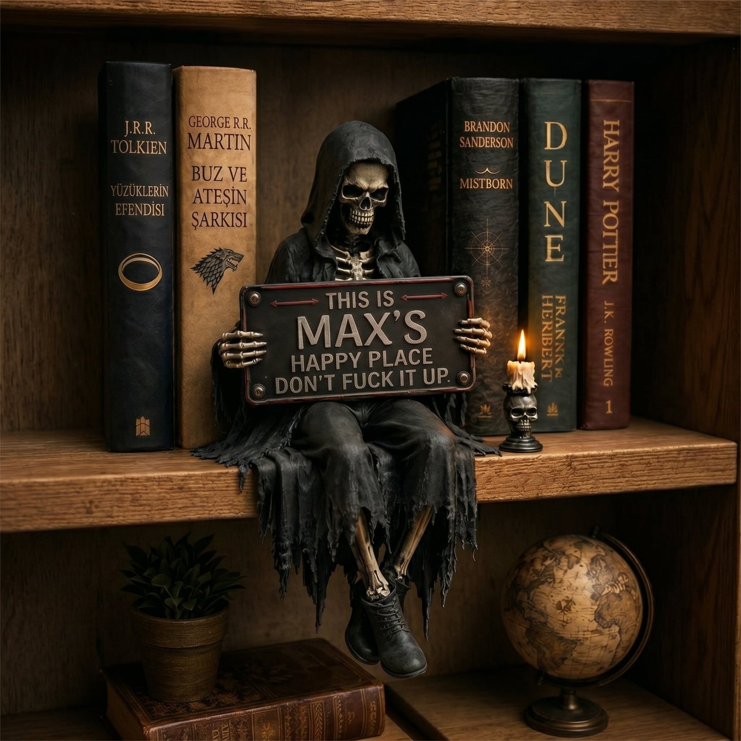 Personalized “Happy Place” Skeleton Bookshelf Decor