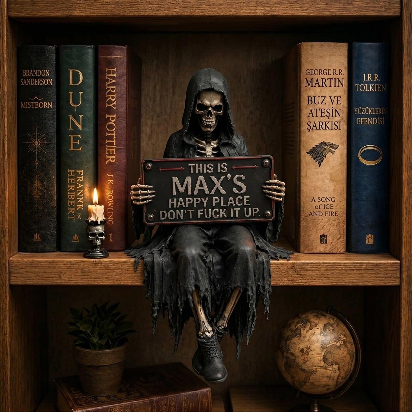 Personalized “Happy Place” Skeleton Bookshelf Decor