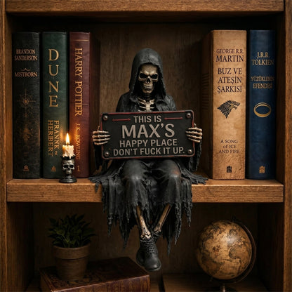 Personalized “Happy Place” Skeleton Bookshelf Decor
