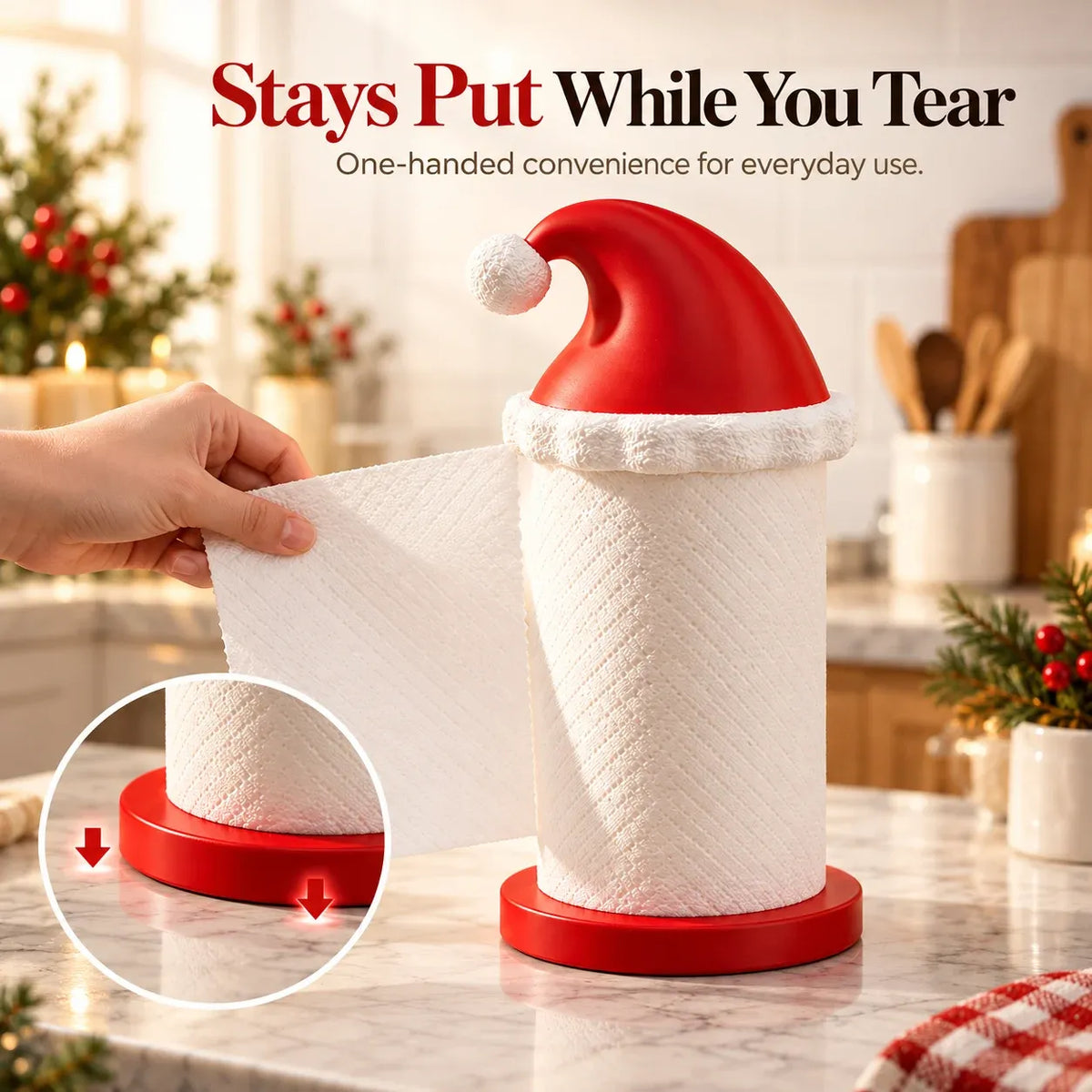 Santa hat paper towel holder with a red base designed for convenient paper towel use