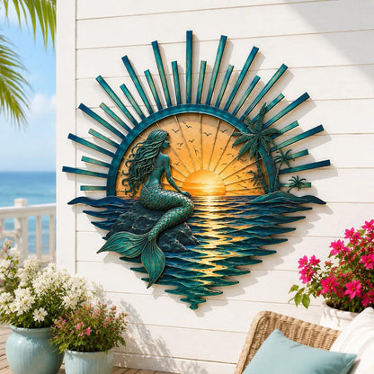 🎅 2026 Christmas Gift 50% Off--🌊 Coastal Sunrise Metal Wall Art | Mermaid, Lighthouse & Sea Turtle Ocean Décor for Patio, Porch & Beach House 🐚