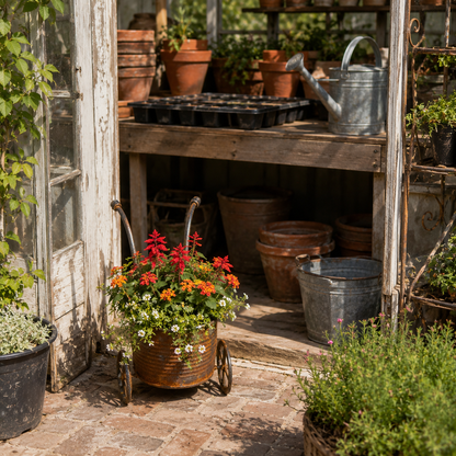 🌸Rustic Metal Wheelbarrow Planter, Vintage Garden Cart Flower Pot