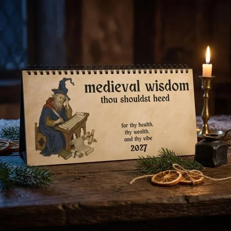 🗓️ Medieval Wisdom 2027 Desk Calendar | Medieval-Inspired Art, Modern Humor & Easy-Flip Spiral Binding 🏰