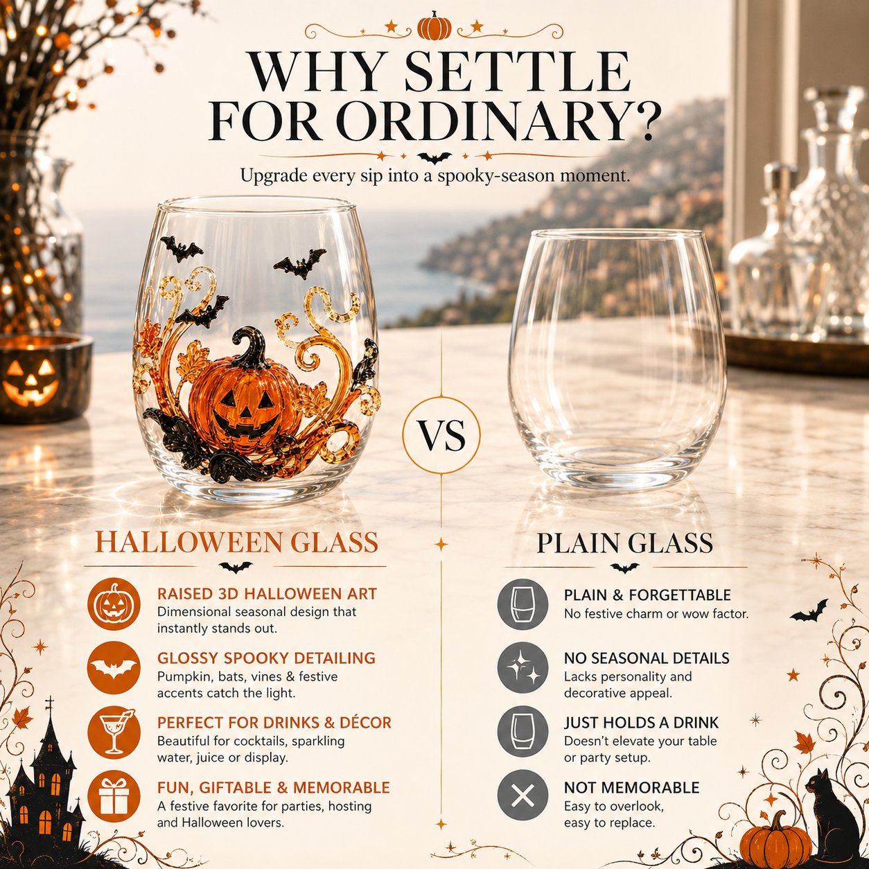 🎃 🎃 3D Halloween Artisan Glassware Collection | For Magical Halloween Sips, Eye-Catching 3D Details, Luminous Festive Party Moments & Cozy Fall Home Bar Glow